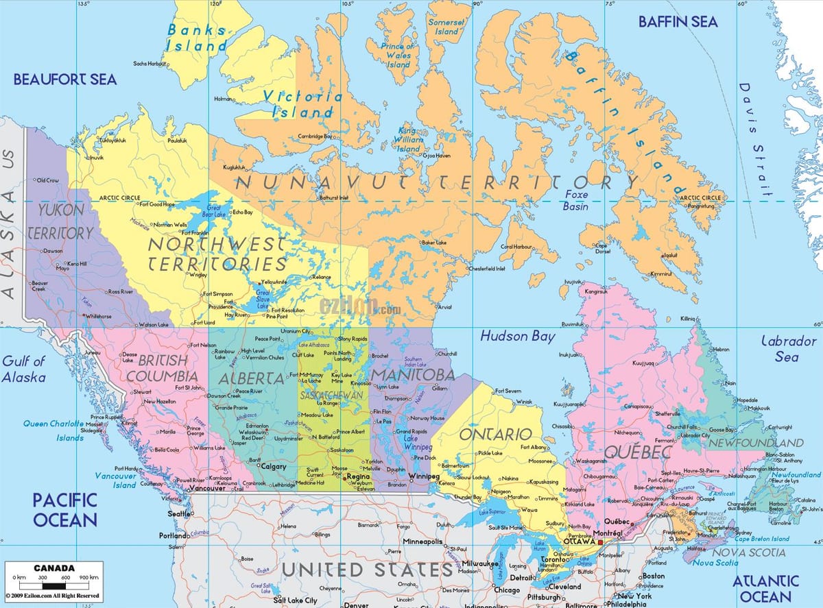 kaart van Canada toont de steden