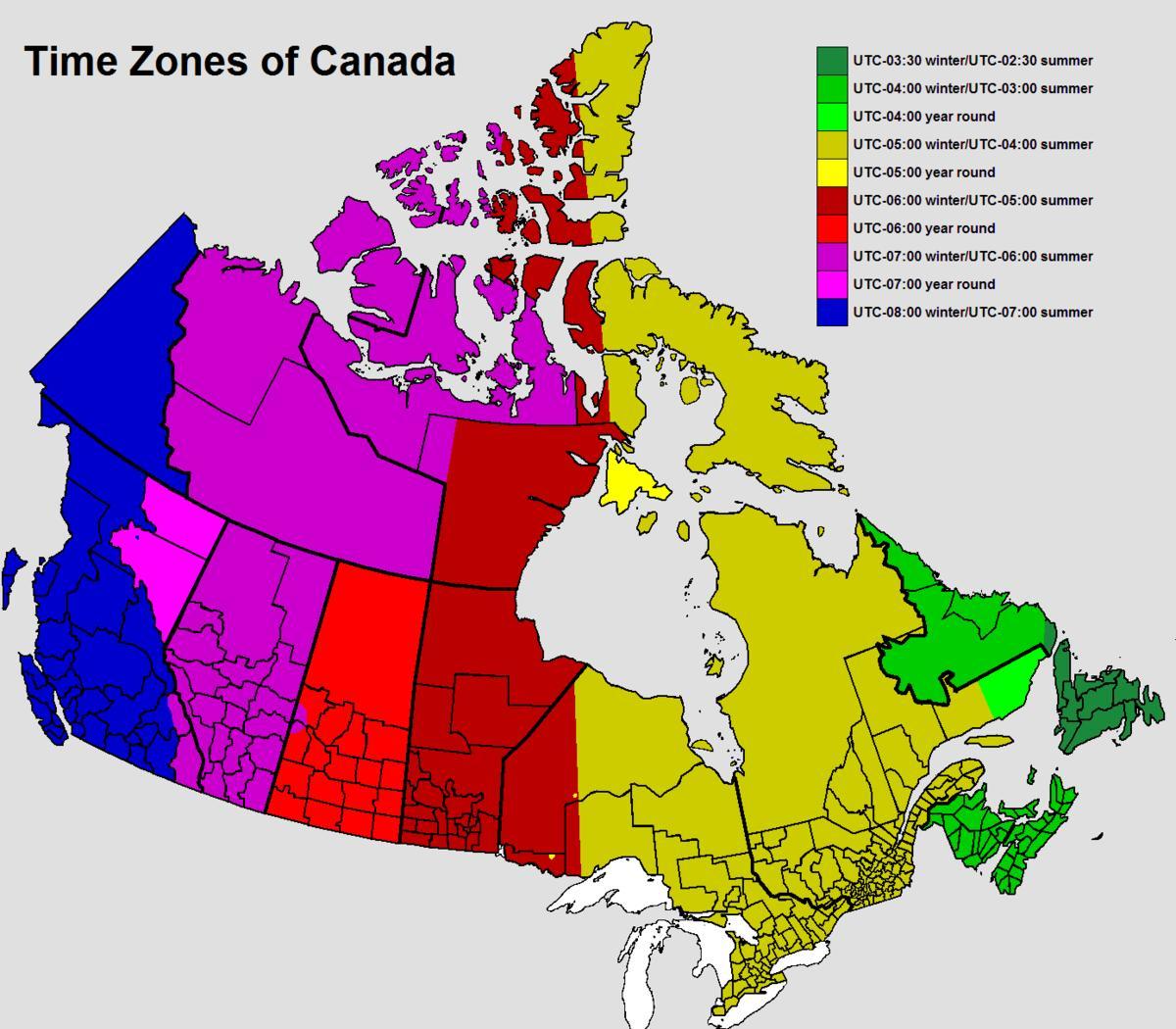 kaart van Canada tijdzone