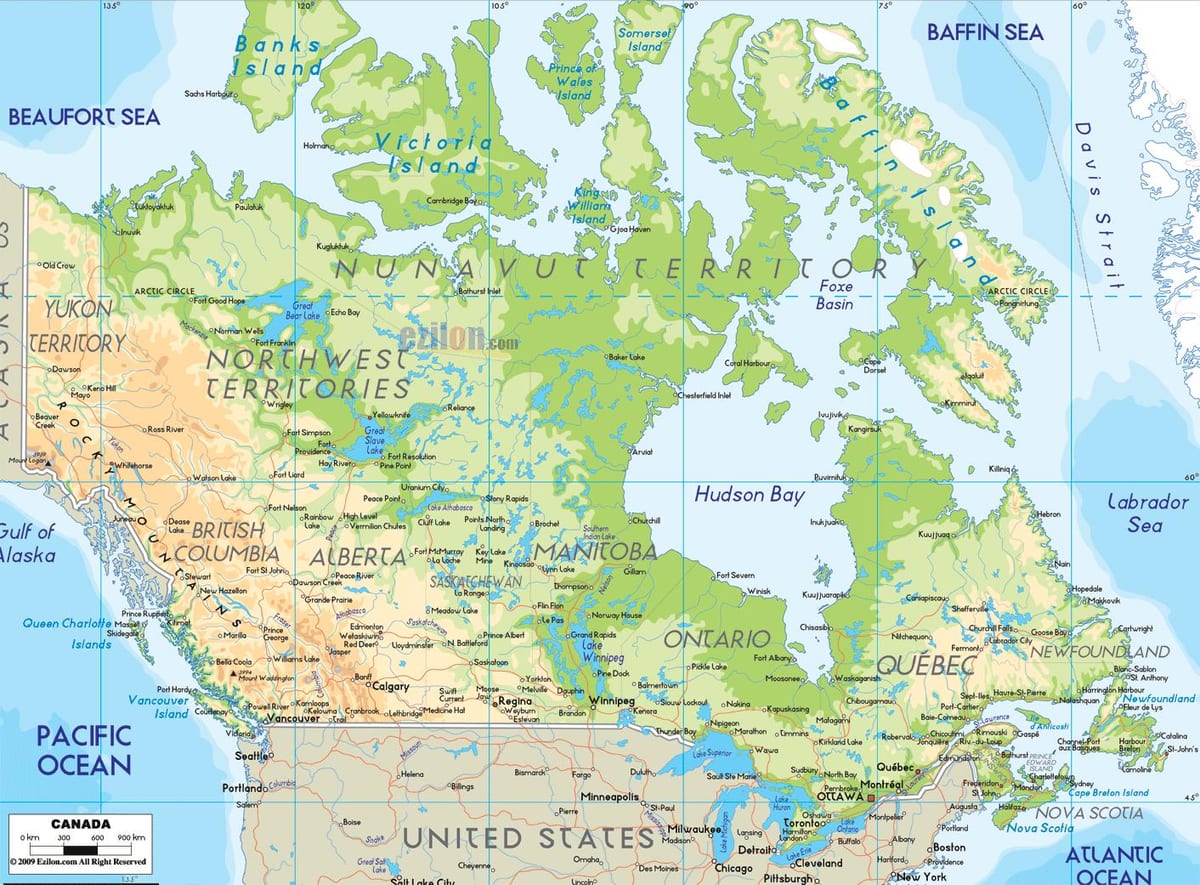 een fysieke kaart van Canada