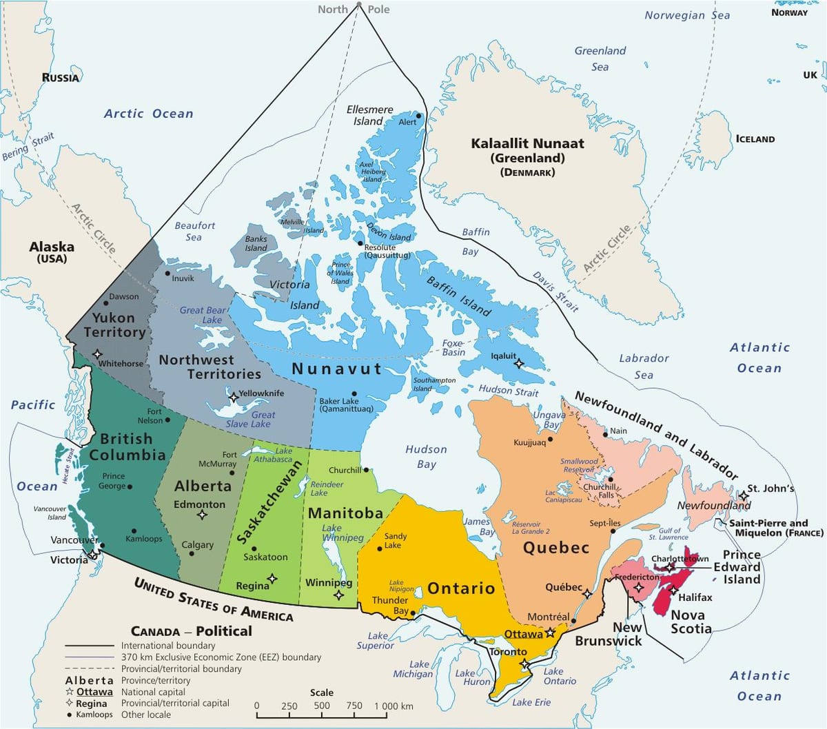 gekleurde kaart van Canada met provincies