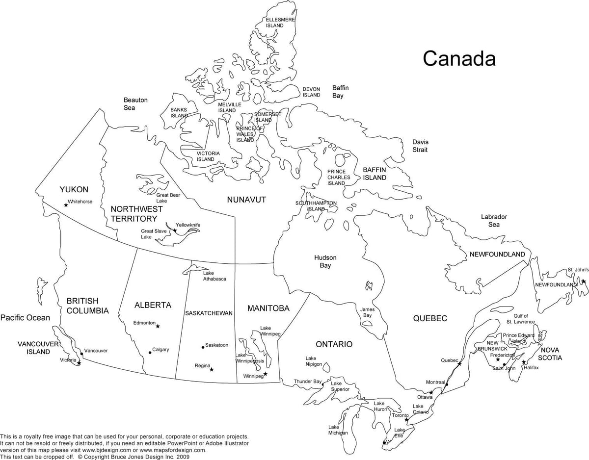 kaart van Canada en de provincies en hoofdsteden