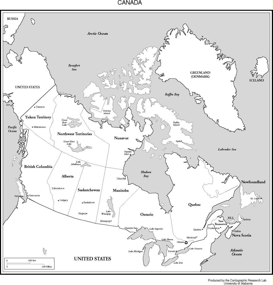 Canada kaart van zwart en wit
